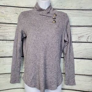 Leo & Nicole Medium Gray Ribbed Knit Asymmetrical Button Pullover Sweater USA